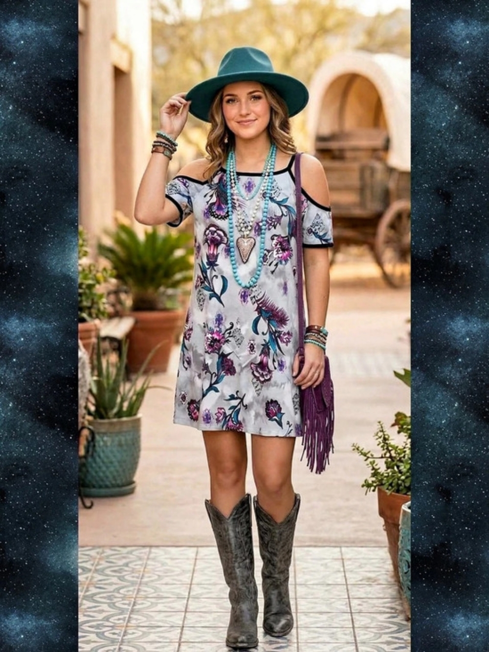 Floral, Ribbed, Cold Shoulder Mini Dress in Grey With Purple & Teal- Like New